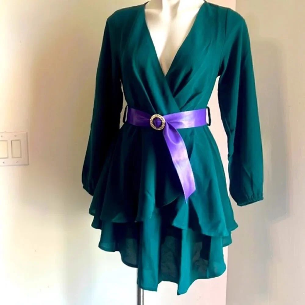 Forest green dress and purple belt